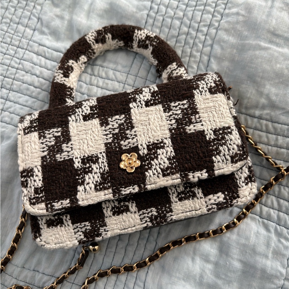 Chic Brown and White tweed mini or evening bag with detachable chain
